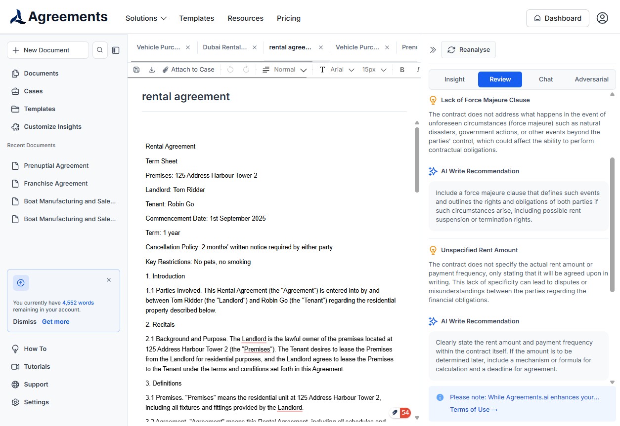 AI contract analysis interface showing risk detection and contract essentials